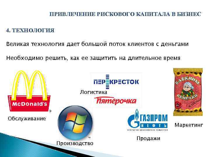 ПРИВЛЕЧЕНИЕ РИСКОВОГО КАПИТАЛА В БИЗНЕС 4. ТЕХНОЛОГИЯ Великая технология дает большой поток клиентов с