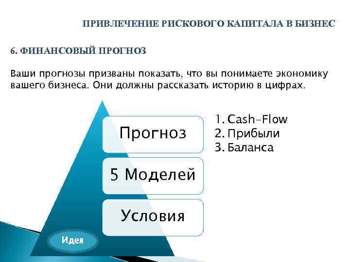ПРИВЛЕЧЕНИЕ РИСКОВОГО КАПИТАЛА В БИЗНЕС 6. ФИНАНСОВЫЙ ПРОГНОЗ Ваши прогнозы призваны показать, что вы