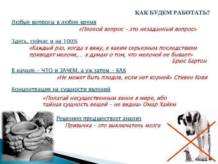 КАК БУДЕМ РАБОТАТЬ? Любые вопросы в любое время «Плохой вопрос – это незаданный вопрос»