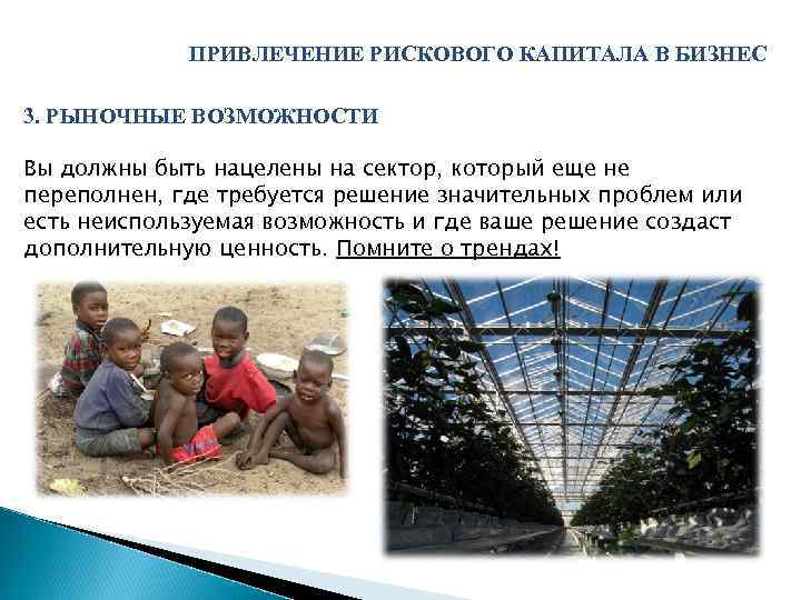 ПРИВЛЕЧЕНИЕ РИСКОВОГО КАПИТАЛА В БИЗНЕС 3. РЫНОЧНЫЕ ВОЗМОЖНОСТИ Вы должны быть нацелены на сектор,