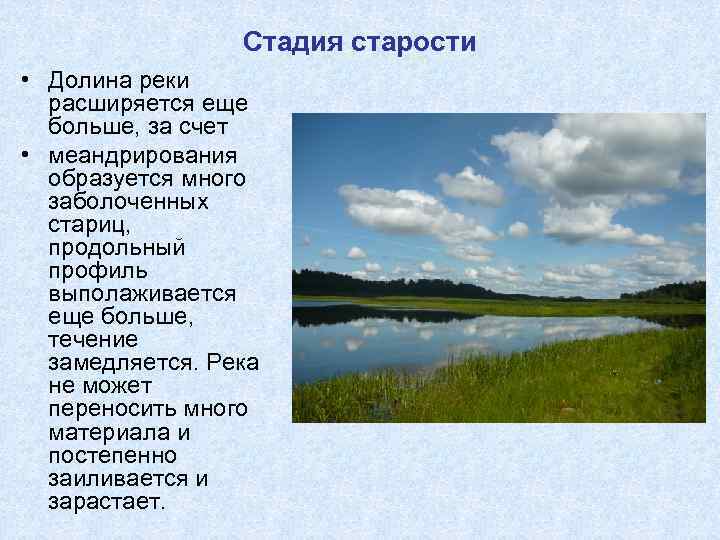 Стадия старости • Долина реки расширяется еще больше, за счет • меандрирования образуется много