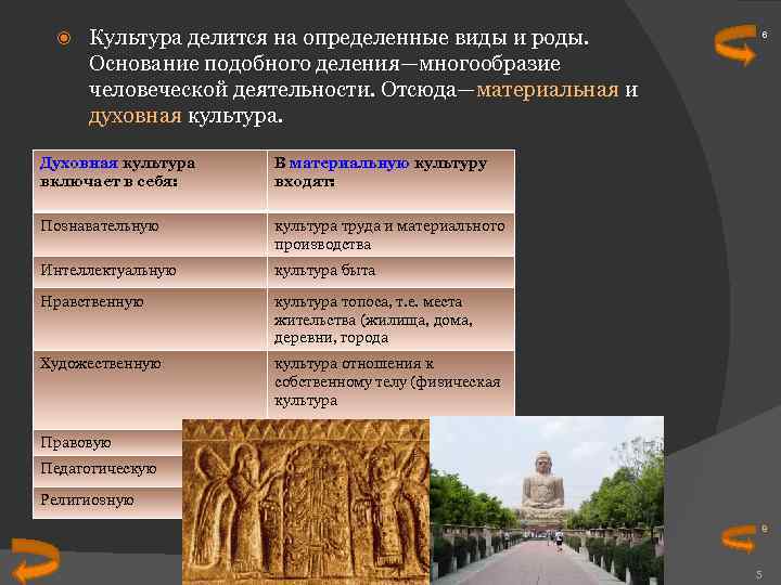  Культура делится на определенные виды и роды. Основание подобного деления—многообразие человеческой деятельности. Отсюда—материальная