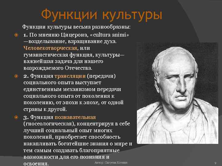 Функции культуры весьма разнообразны: 1. По мнению Цицерона, «cultura animi» —возделывание, взращивание духа. Человекотворческая,