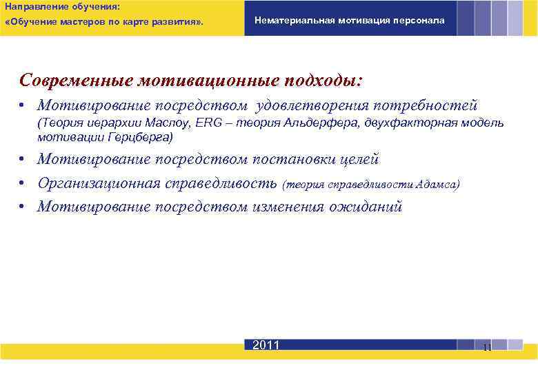 Направление обучения: «Обучение мастеров по карте развития» . Нематериальная мотивация персонала Современные мотивационные подходы: