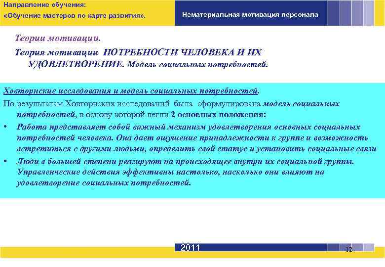 Направление обучения: «Обучение мастеров по карте развития» . Нематериальная мотивация персонала Теории мотивации. Теория