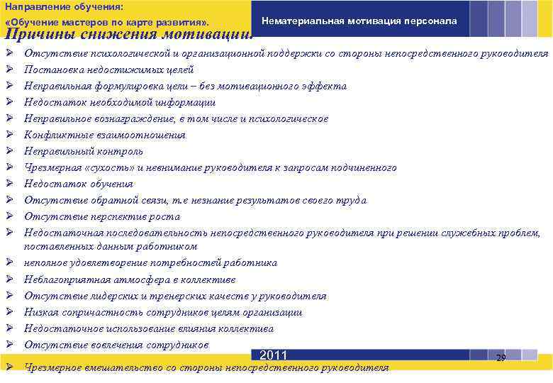 Направление обучения: «Обучение мастеров по карте развития» . Причины снижения мотивации. Ø Ø Ø