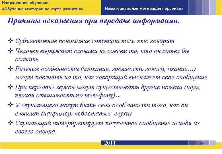 Направление обучения: «Обучение мастеров по карте развития» . Нематериальная мотивация персонала Причины искажения при