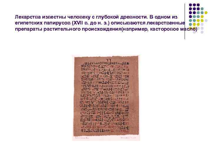 Лекарства известны человеку с глубокой древности. В одном из египетских папирусов (XVII в. до