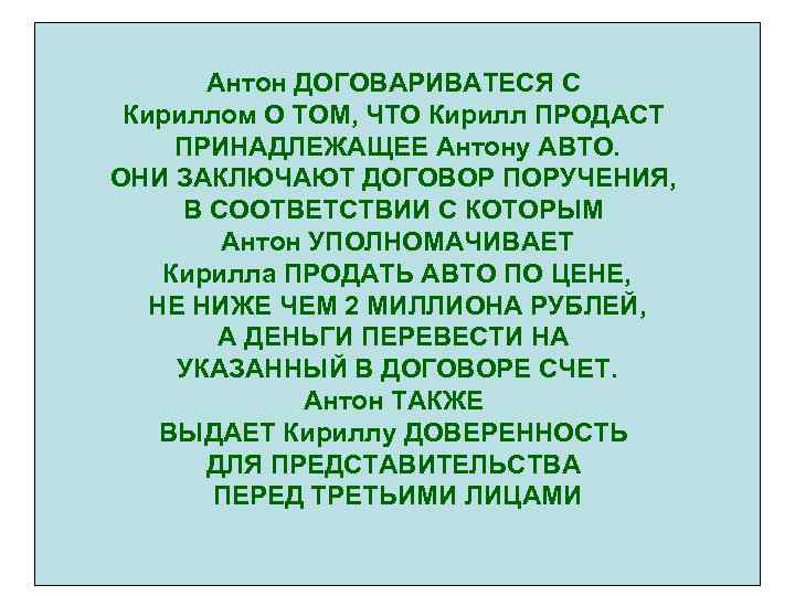 Антон ДОГОВАРИВАТЕСЯ С Кириллом О ТОМ, ЧТО Кирилл ПРОДАСТ ПРИНАДЛЕЖАЩЕЕ Антону АВТО. ОНИ ЗАКЛЮЧАЮТ