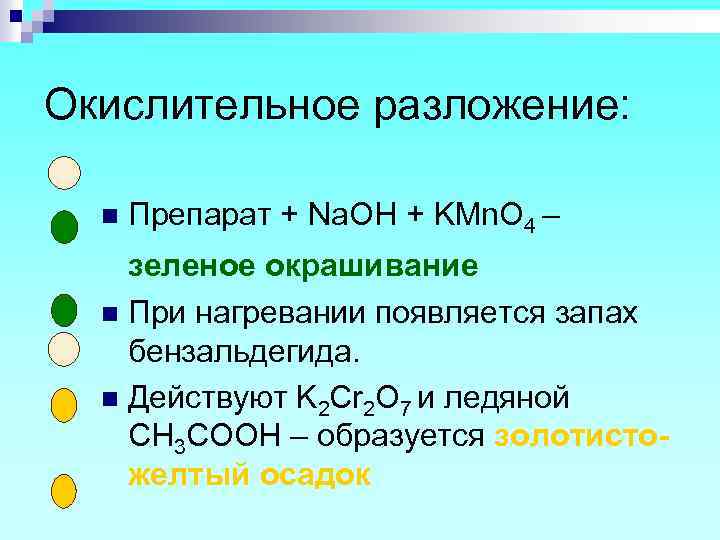 Окислительное разложение: n Препарат + Na. OH + KMn. O 4 – зеленое окрашивание