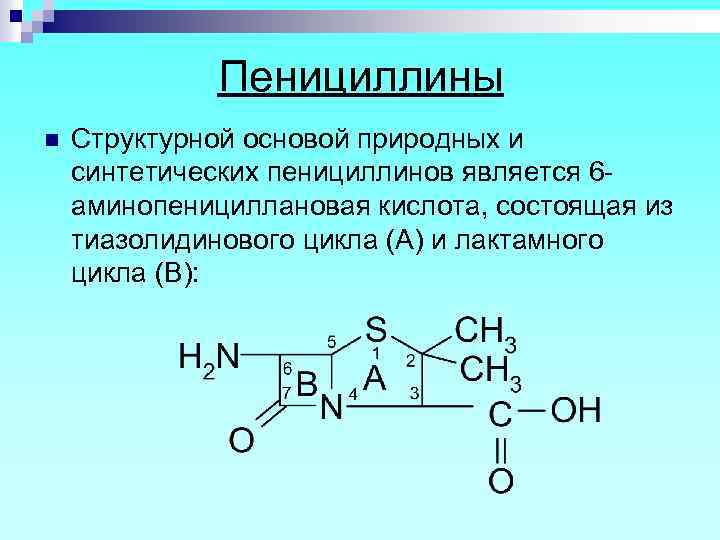 Пенициллины n Структурной основой природных и синтетических пенициллинов является 6 аминопенициллановая кислота, состоящая из