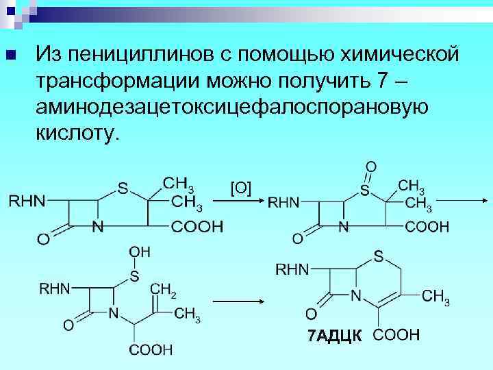 n Из пенициллинов с помощью химической трансформации можно получить 7 – аминодезацетоксицефалоспорановую кислоту. [O]