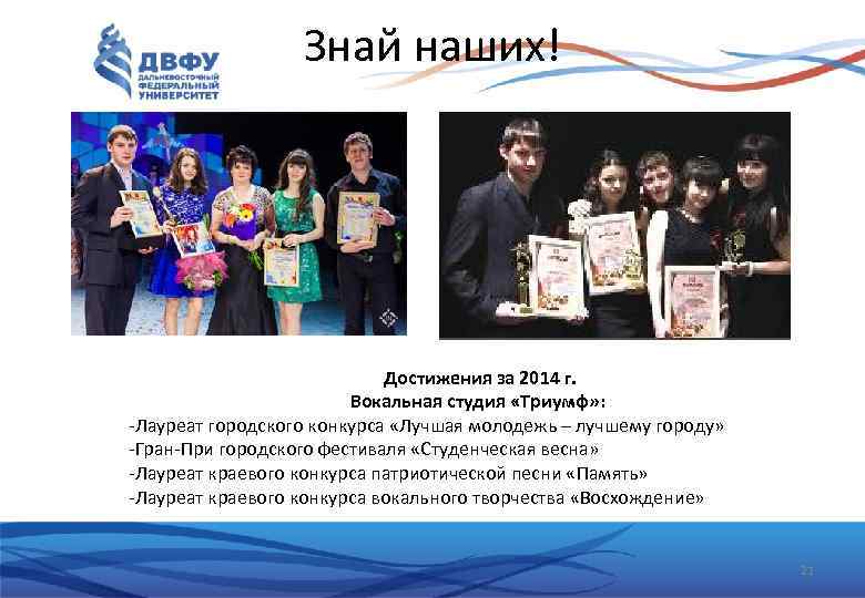 Знай наших! Достижения за 2014 г. Вокальная студия «Триумф» : -Лауреат городского конкурса «Лучшая