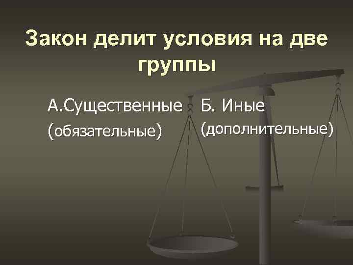 Закон делит условия на две группы А. Существенные Б. Иные (дополнительные) (обязательные) 