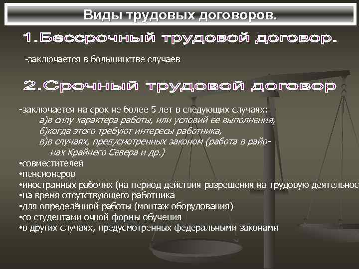 Виды трудовых договоров. -заключается в большинстве случаев -заключается на срок не более 5 лет