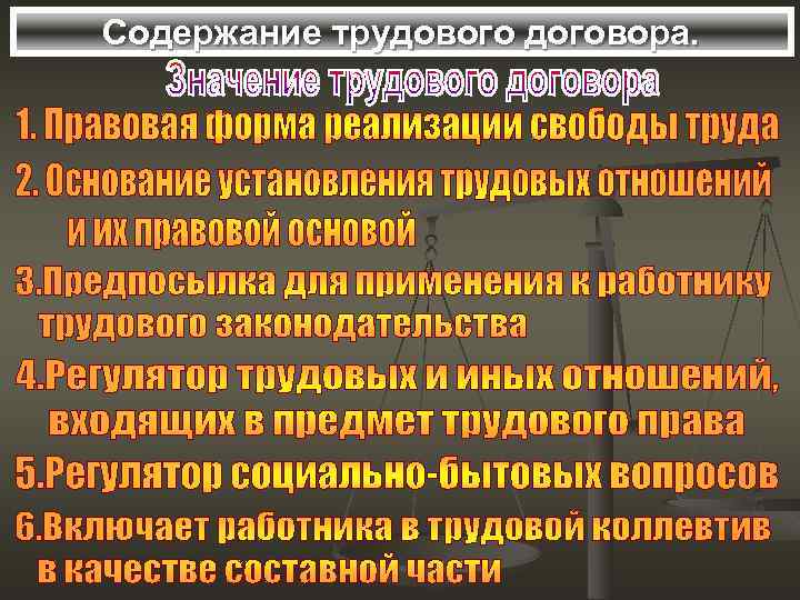 Содержание трудового договора. 