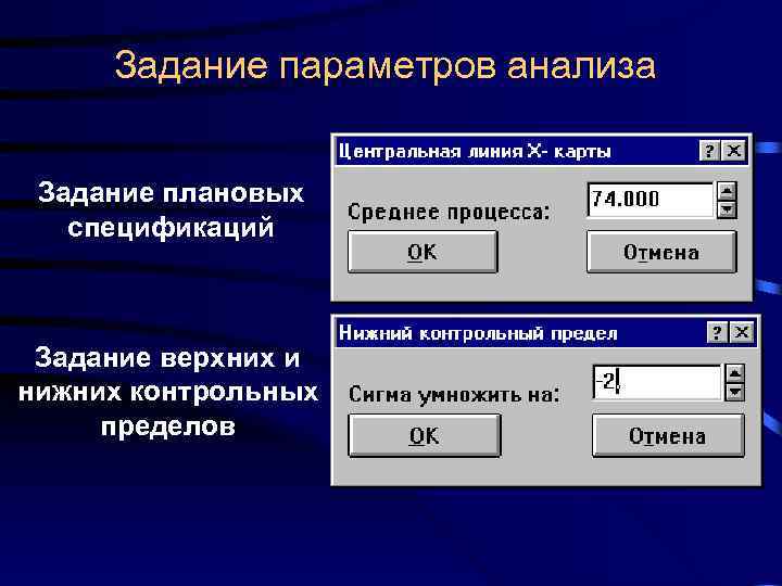 Задание параметров анализа Задание плановых спецификаций Задание верхних и нижних контрольных пределов 