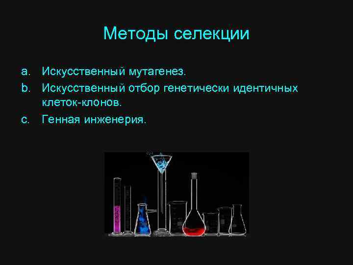 Методы селекции a. Искусственный мутагенез. b. Искусственный отбор генетически идентичных клеток-клонов. c. Генная инженерия.