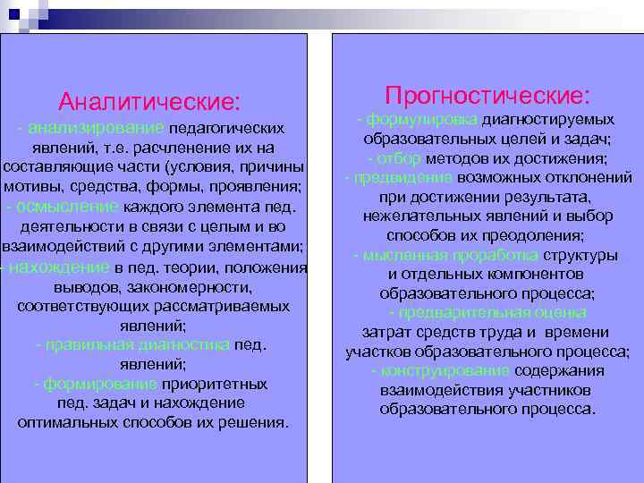 Аналитические: - анализирование педагогических явлений, т. е. расчленение их на составляющие части (условия, причины