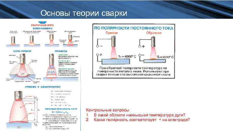 Основы теории сварки Контрольные вопросы: 1. В какой области наивысшая температура дуги? 2. Какая