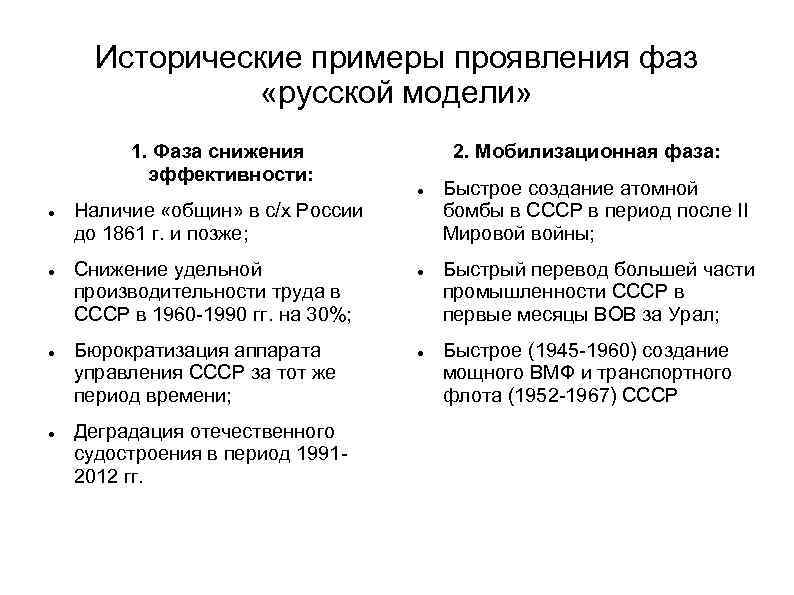 Исторические примеры проявления фаз «русской модели» 1. Фаза снижения эффективности: 2. Мобилизационная фаза: Наличие