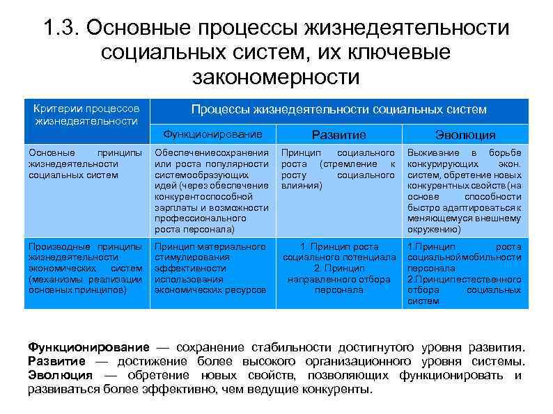 1. 3. Основные процессы жизнедеятельности социальных систем, их ключевые закономерности Критерии процессов жизнедеятельности Процессы