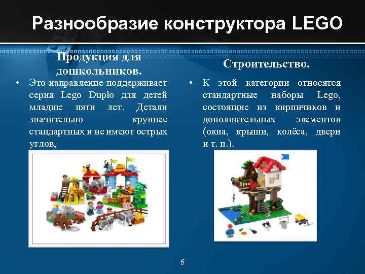 Разнообразие конструктора LEGO Продукция для дошкольников. Строительство. • Это направление поддерживает серия Lego Duplo