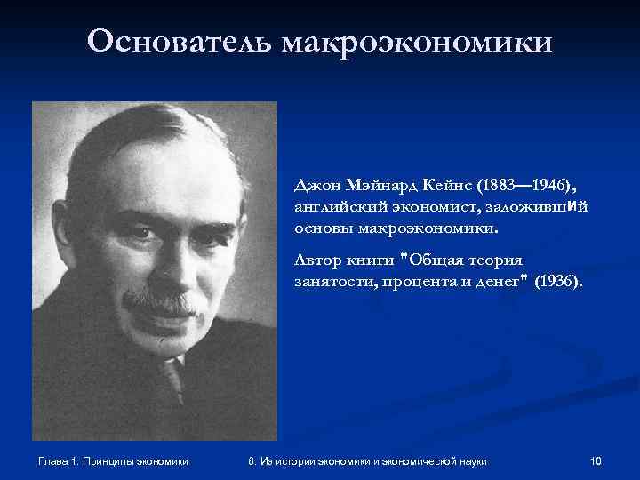 Основатель макроэкономики Джон Мэйнард Кейнс (1883— 1946), английский экономист, заложивший основы макроэкономики. Автор книги
