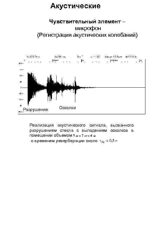 Акустические Чувствительный элемент – микрофон (Регистрация акустических колебаний) Разрушение Осколки Реализация акустического сигнала, вызванного