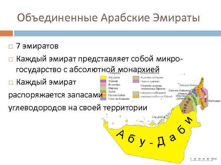 Объединенные Арабские Эмираты 7 эмиратов Каждый эмират представляет собой микрогосударство с абсолютной монархией Каждый