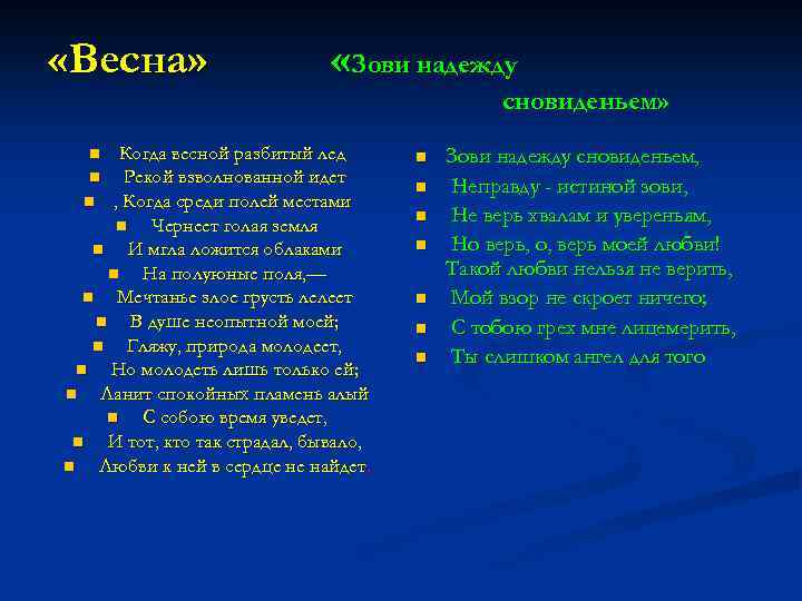  «Весна» «Зови надежду сновиденьем» Когда весной разбитый лед n Рекой взволнованной идет n