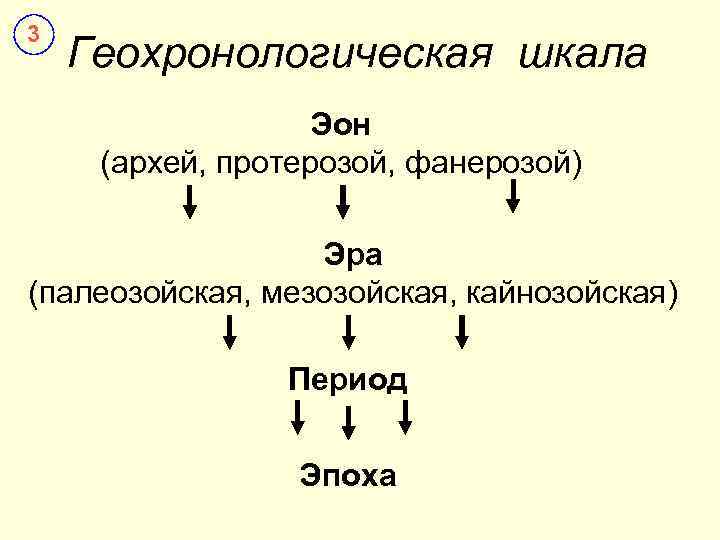 3 Геохронологическая шкала Эон (архей, протерозой, фанерозой) Эра (палеозойская, мезозойская, кайнозойская) Период Эпоха 