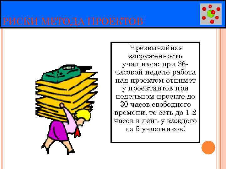 РИСКИ МЕТОДА ПРОЕКТОВ Чрезвычайная загруженность учащихся: при 36 часовой неделе работа над проектом отнимет