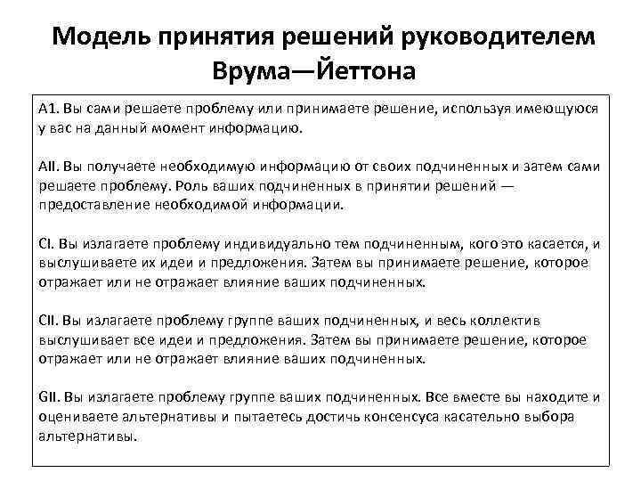 Модель принятия решений руководителем Врума—Йеттона А 1. Вы сами решаете проблему или принимаете решение,