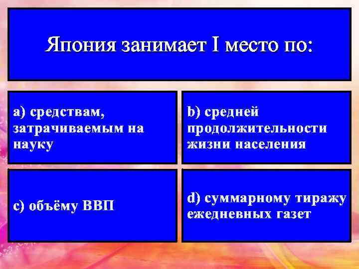 Япония занимает I место по: а) средствам, затрачиваемым на науку b) средней продолжительности жизни