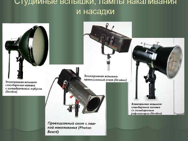 Студийные вспышки, лампы накаливания и насадки 