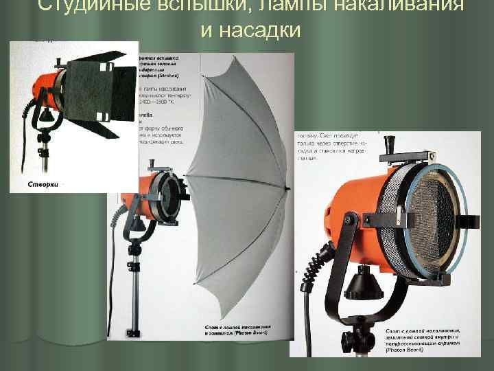 Студийные вспышки, лампы накаливания и насадки 