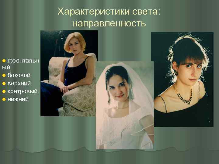 Характеристики света: направленность l фронтальн ый l боковой l верхний l контровый l нижний