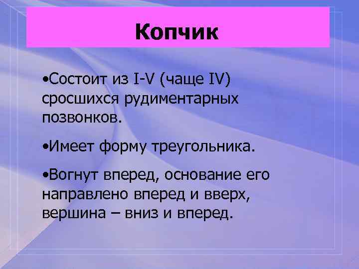 Копчик • Состоит из I-V (чаще IV) сросшихся рудиментарных позвонков. • Имеет форму треугольника.