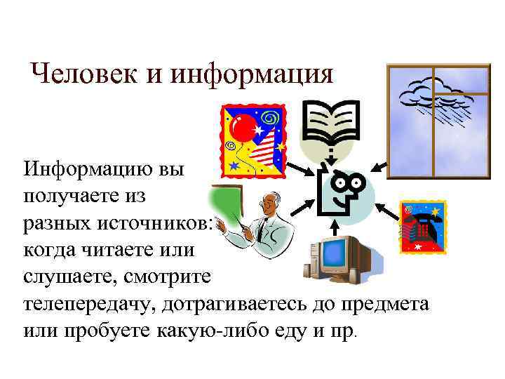 Человек и информация Информацию вы получаете из разных источников: когда читаете или слушаете, смотрите