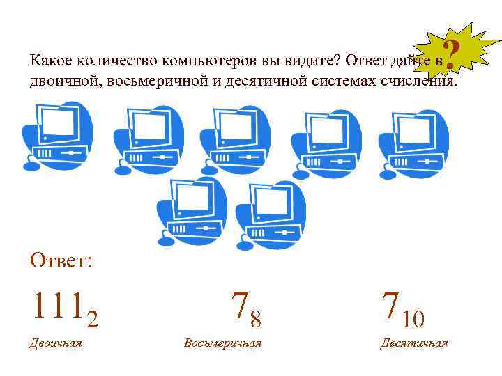 ? Какое количество компьютеров вы видите? Ответ дайте в двоичной, восьмеричной и десятичной системах