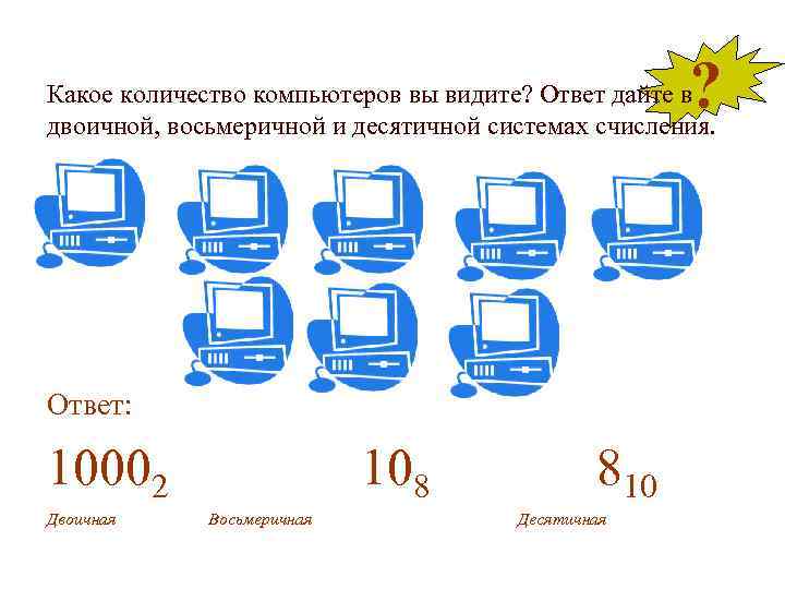 ? Какое количество компьютеров вы видите? Ответ дайте в двоичной, восьмеричной и десятичной системах