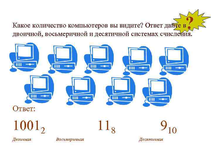 ? Какое количество компьютеров вы видите? Ответ дайте в двоичной, восьмеричной и десятичной системах