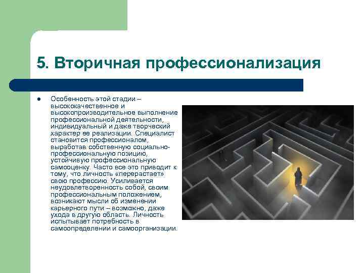 5. Вторичная профессионализация l Особенность этой стадии – высококачественное и высокопроизводительное выполнение профессиональной деятельности,