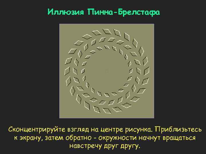 Иллюзия Пинна-Брелстафа Сконцентрируйте взгляд на центре рисунка. Приблизьтесь к экрану, затем обратно - окружности