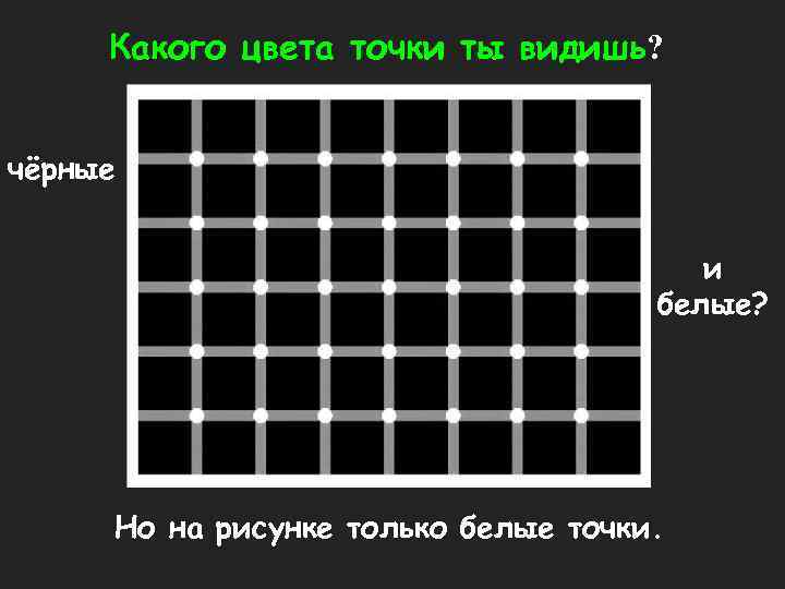 Какого цвета точки ты видишь? чёрные и белые? Но на рисунке только белые точки.