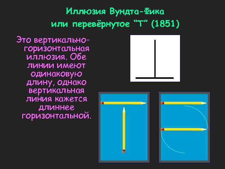 Иллюзия Вундта-Фика или перевёрнутое “Т” (1851) Это вертикальногоризонтальная иллюзия. Обе линии имеют одинаковую длину,