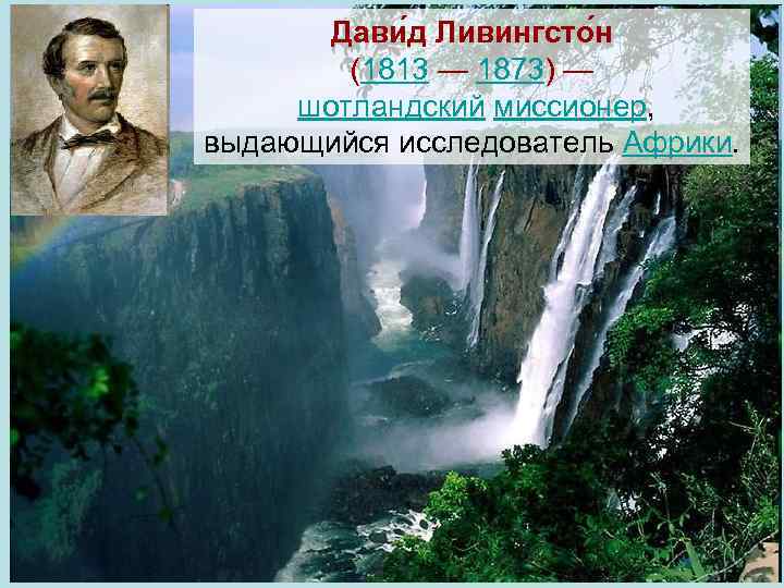 Дави д Ливингсто н (1813 — 1873) — шотландский миссионер, выдающийся исследователь Африки. 