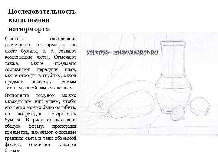 Последовательность выполнения натюрморта Сначала определяют размещение натюрморта на листе бумаги, т. е. создают композицию