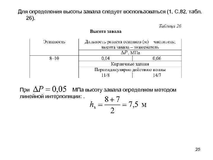 Для определения высоты завала следует воспользоваться (1, С. 82, табл. 26). При МПа высоту